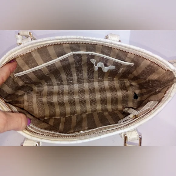 Brahmin Snowball Raffia And Croc Embossed Leather Crossbody Satchel Purse - Picture 9 of 9